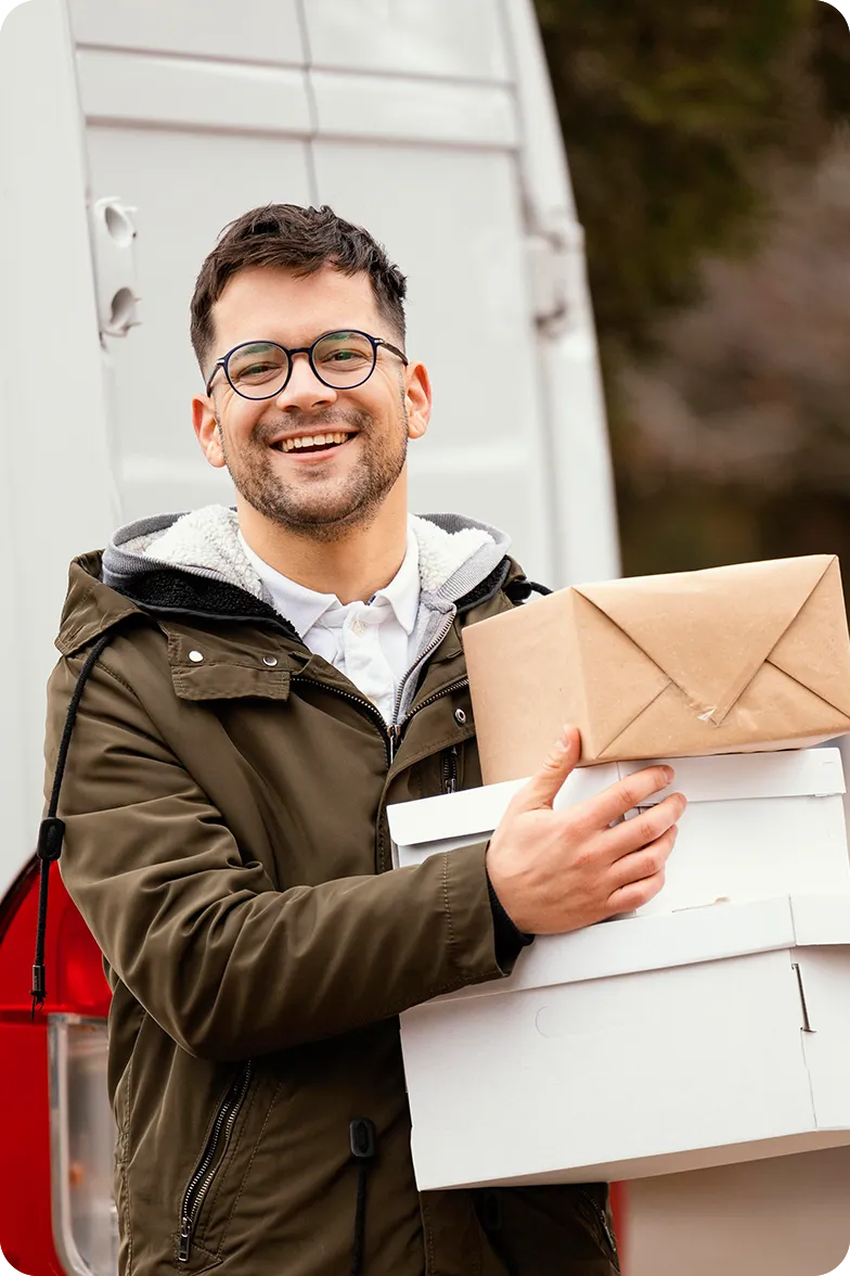 Homme souriant portant plusieurs colis devant un véhicule.